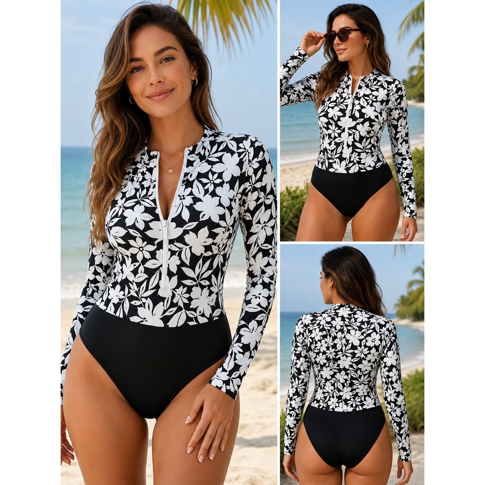 Lands End Long Sleeve One Piece Swimsuit 6 Black White Floral Rash Guard Sporty
